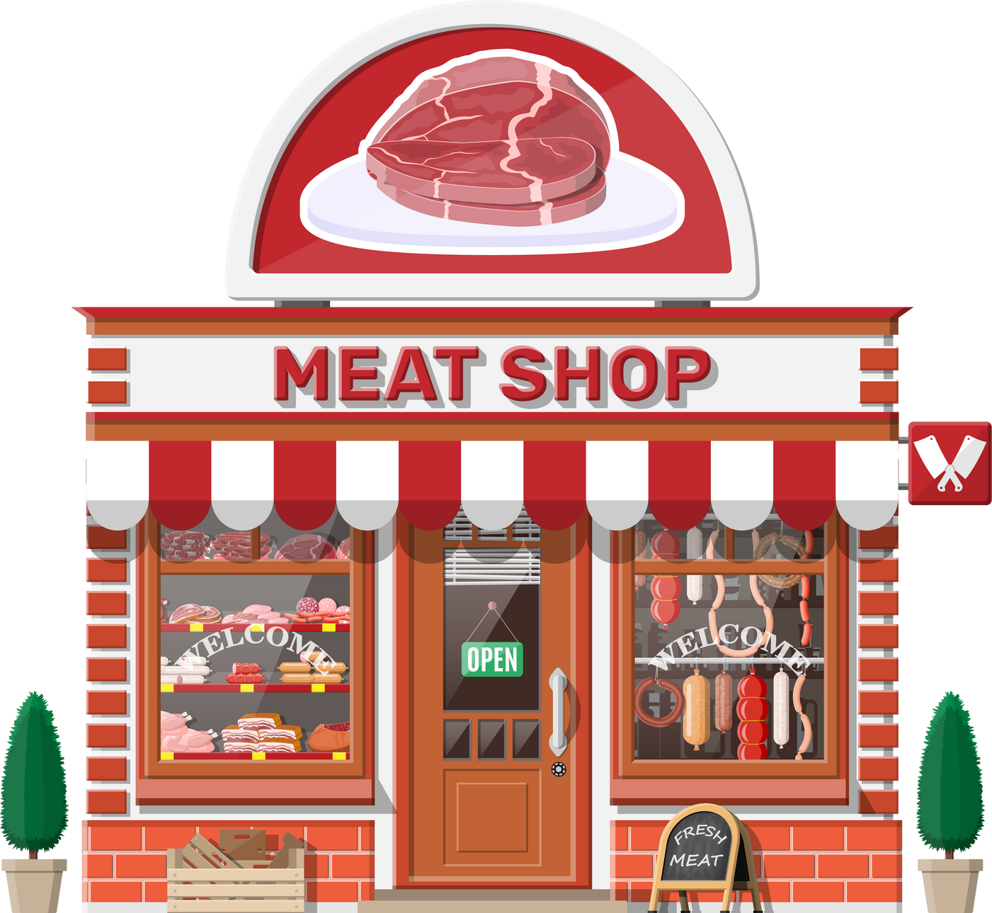 Vintage Butcher Shop Store Facade with Storefront.